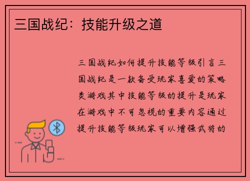 三国战纪：技能升级之道