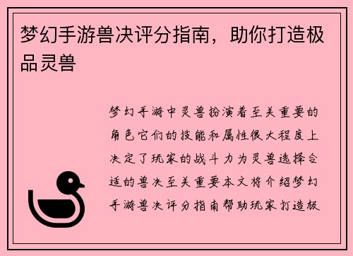 梦幻手游兽决评分指南，助你打造极品灵兽